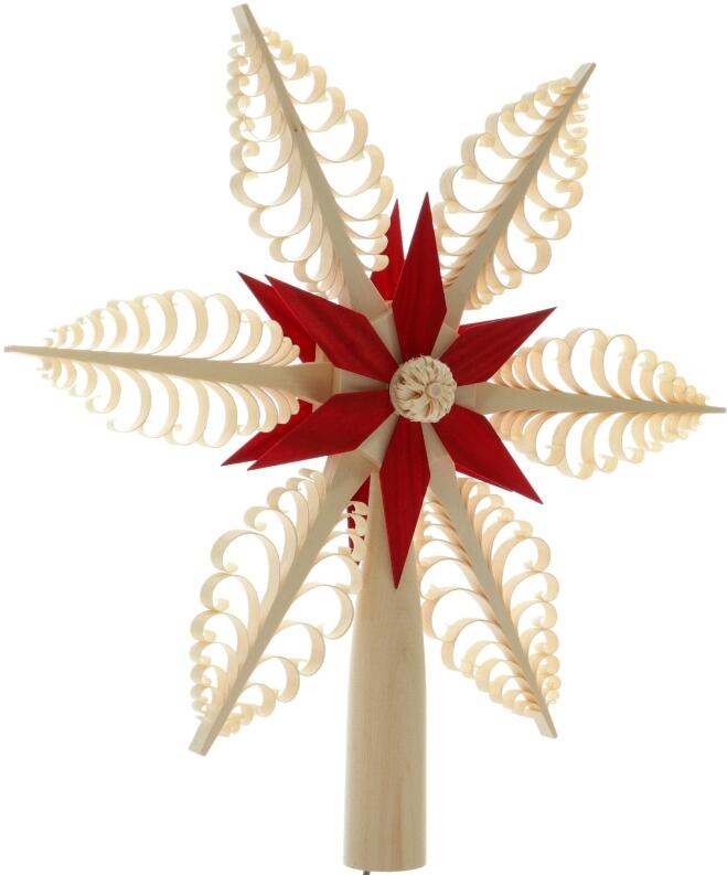 Christbaumspitze Spanstern Rot/Natur el. Beleuchtet Mittig Stern - Ansicht Vorne - Hergestellt im