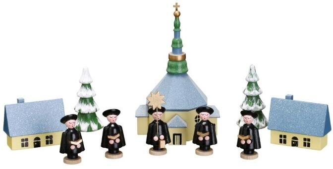 Weihnachtsfiguren Seiffener Kirche mit Kurrende und Baum Höhe ca 5cm