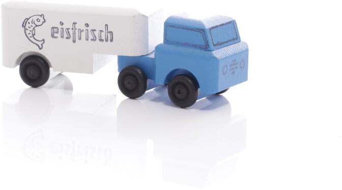 Holzspielzeug - Miniaturfahrzeug Lastenauto mit Auflieger Fisch Bunt - Ansicht Vorne - Hergestellt im Erzgebirge