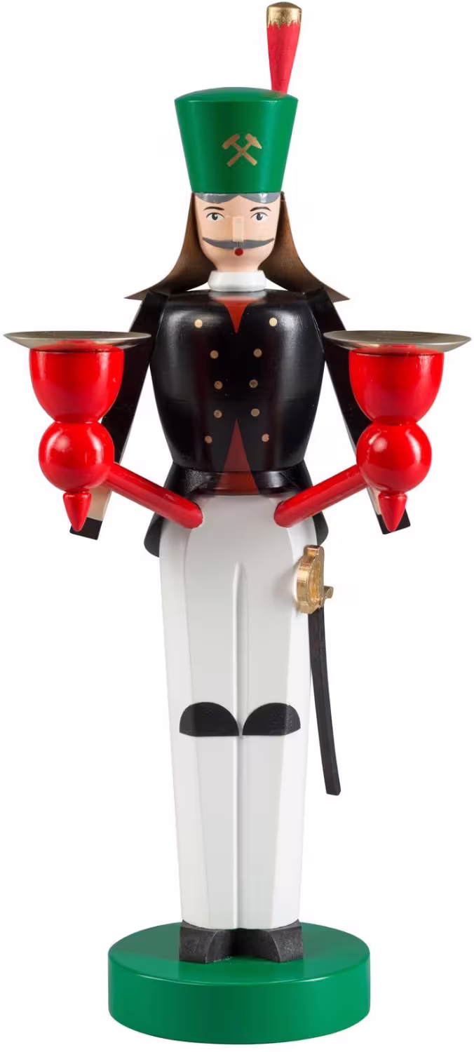 Weihnachtsfigur Bergmann mit Kerzentellern in rot-schwarzer Uniform aus Holz von Erzgebirgische
