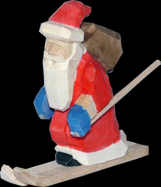 Baumbehang – detailreicher Weihnachtsmann auf Skiern, rot-weiß bemalt – HxB = 6 x 3 cm