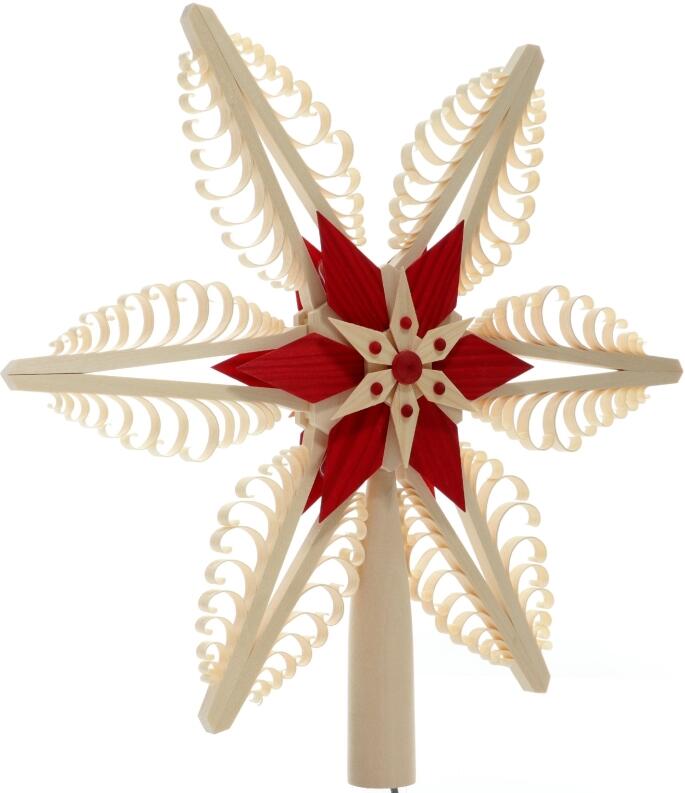Christbaumspitze Spanstern el. Beleuchtet Mittig mit Holzstern Rot - Ansicht Vorne - Hergestellt im