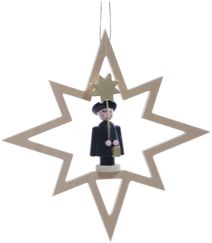 Christbaumschmuck - Holzstern mit Kurrendesänger und Stern - Ansicht Vorne - Hergestellt im