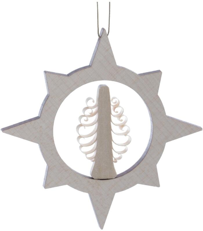 Christbaumschmuck - Ausgefräster Stern mit gestochenen Spanbaum Natur - Ansicht Hinten - Mit Hand