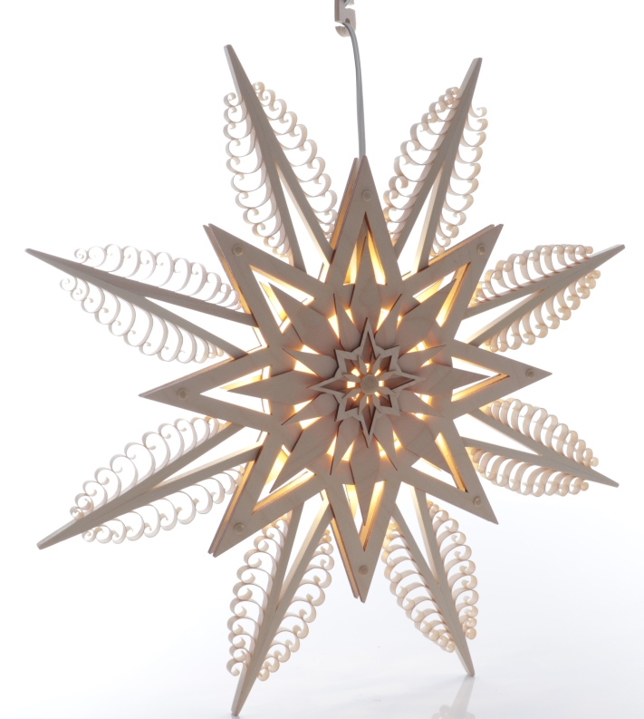 Fensterbild - Spanstern mit gestochenen Bäumchen mit LED-Beleuchtung Natur/Rot - Ansicht Beleuchtet