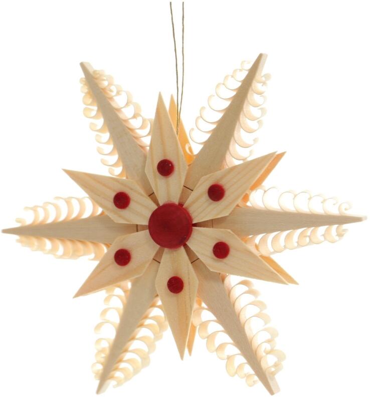 Christbaumschmuck – filigraner Spanstern mit Kiefernholzsegmenten und roten Punkten, naturbelassenes