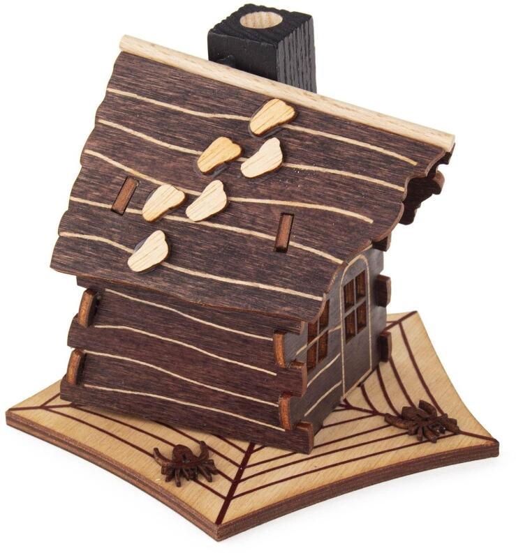 Räucherhaus Halloween-Haus mit Spinnennetzsockel und kleinen Spinnen aus Holz von Großhandel