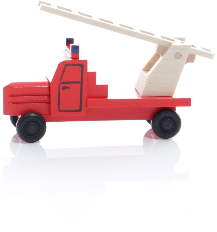 Miniaturfahrzeug Feuerwehr aus Holz mit ausgefahrener Drehleiter, linke Seitenansicht mit drehbaren