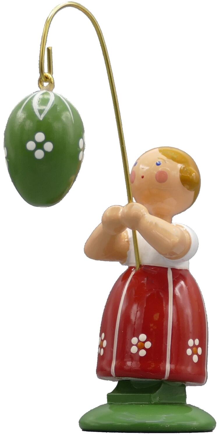 Blumenm&auml;dchen &ndash; liebevoll mit rotem Rock und dunkelgr&uuml;nem Osterei mit goldfarbener Halterung &ndash; BxHxT 5 x 9 x 4 cm