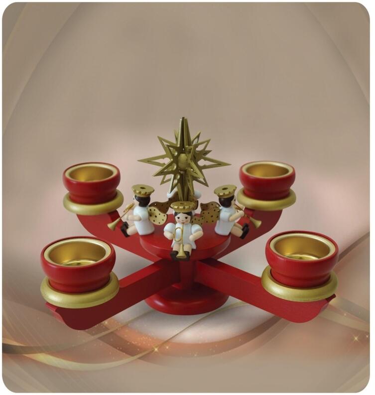 Adventsleuchter - 4 Engelmusikanten mit Stern und Teelichter Rot - BxHxT 30x18x30cm