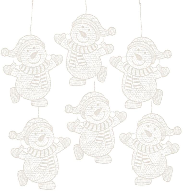 Baumschmuck – fröhliche Schneemänneranhänger mit Mütze und Schal aus Plauener Spitze – BxHxT 8 x 9 x