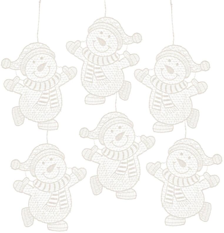 Baumschmuck – fröhliche Schneemänneranhänger mit Mütze und Schal aus Plauener Spitze – BxHxT 8 x 9 x