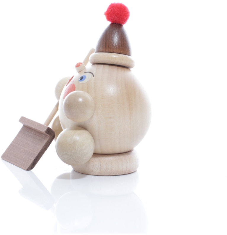 Räucherfigur - Räucherschneeball Natur mit Schneeschieber und Bommelmütze - Ansicht Links -