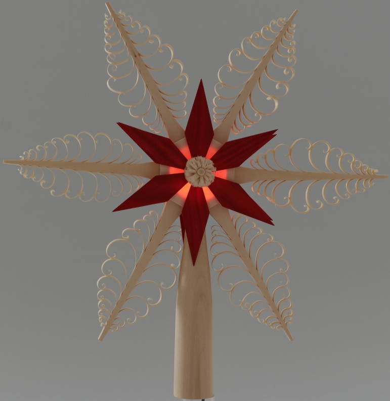 Christbaumspitze Spanstern Rot/Natur el. Beleuchtet Mittig Stern - Ansicht beleuchtet - mit einem