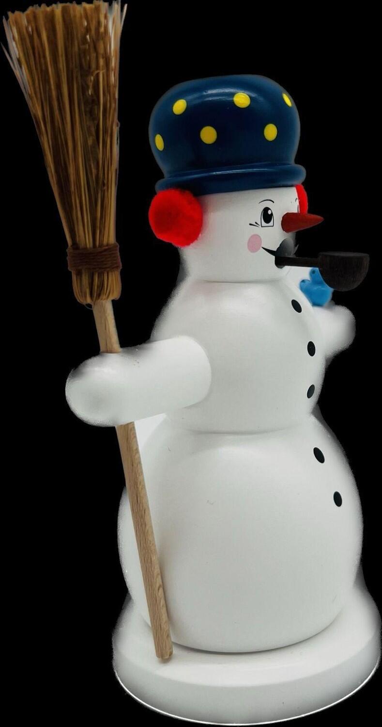 Räuchermann – detailreicher Schneemann mit blauem Topf und Besen, farbenfroh bemalt – HxB = 15 x 8 cm