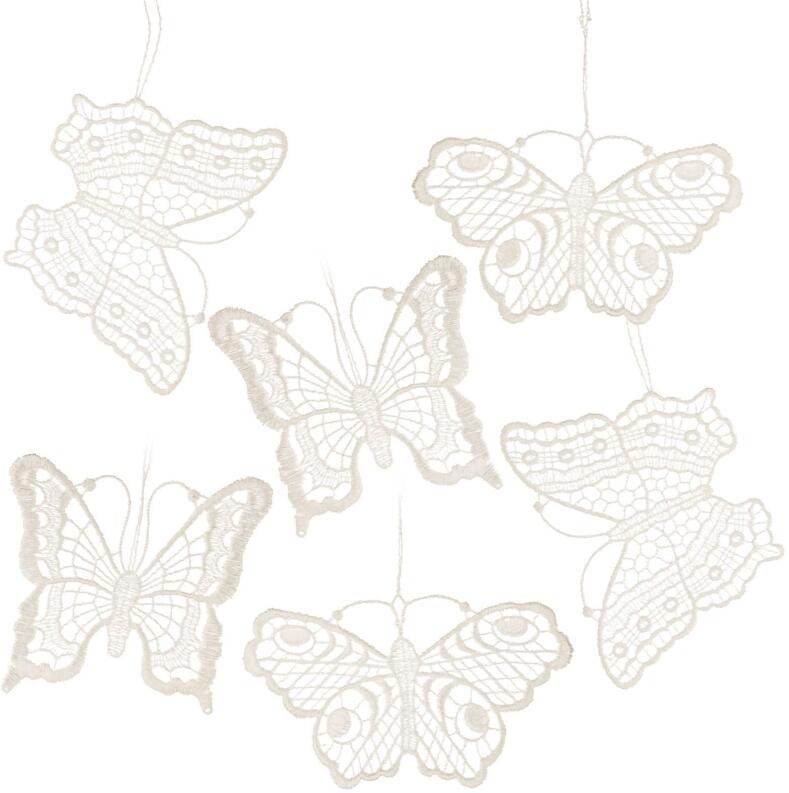 Baumschmuck – filigrane Schmetterlinge aus weißer Plauener Spitze im 6er-Set – BxHxT 1 x 6,5 x 0,1