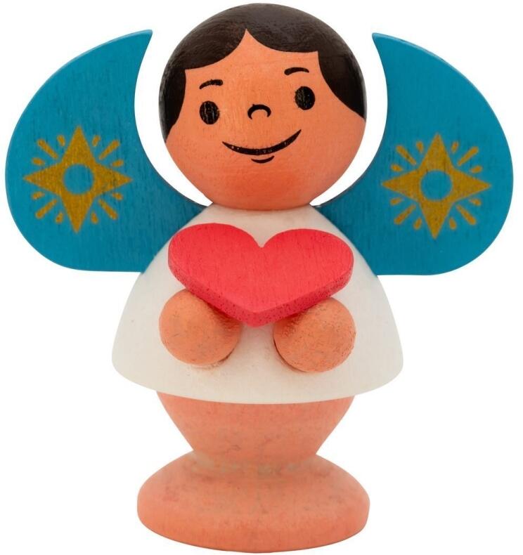 Miniaturfigur Sternengel mit Herzgeschenk aus Holz von Spielwarenmacher Günther, kleine Engelfigur