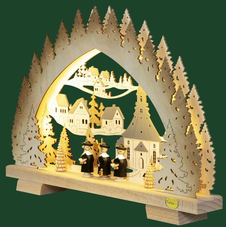 LED-Schwibbogen – detailreiches Seiffener Weihnachtsmotiv mit Kirche, Kurrendesängern und Tannen,