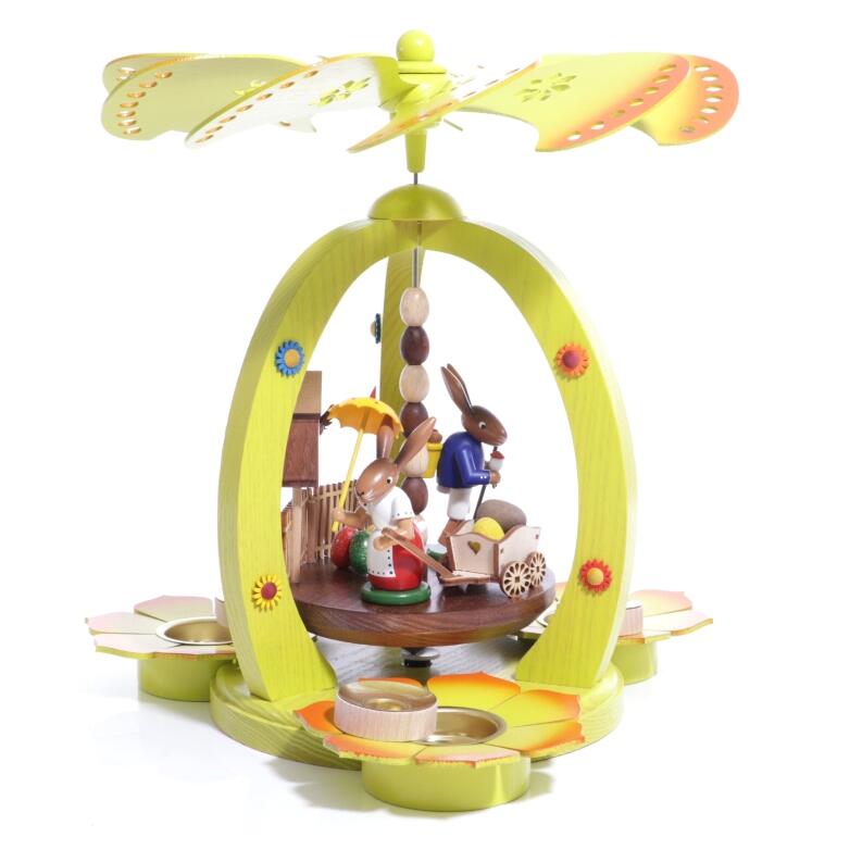 Osterypramide mit Hasen und Handwagen - Handarbeit - Osterdekoration aus dem Erzgebirge