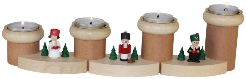 Adventsleuchter – detailreicher Engel, Bergmann und Nussknacker mit buntem Holzsockel und