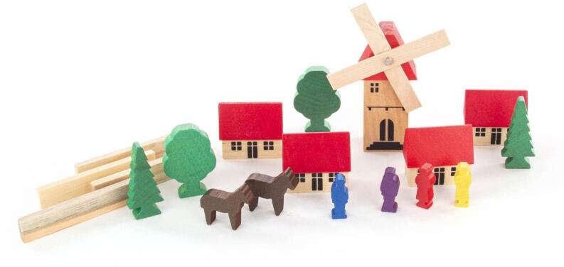Holzspielzeug – detailreiches Dorf mit verspielter Windmühle und bunten Figuren, handgefertigt –