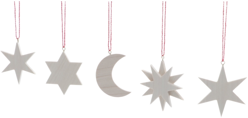 Baumbehang - 4 verschiedene Sterne und der Mond in Natur zum Hängen - Ansicht Links - Fadenlänge ca
