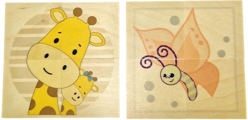 Holzpuzzle mit Tiermotiven – bedruckte Holzplatten mit Giraffe und Schmetterling aus dem Set mit 24