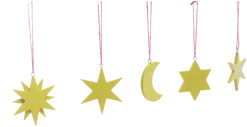 Baumbehang - 4 verschiedene Sterne und der Mond in Gelb zum Hängen - Ansicht Rechts - Damit kommt