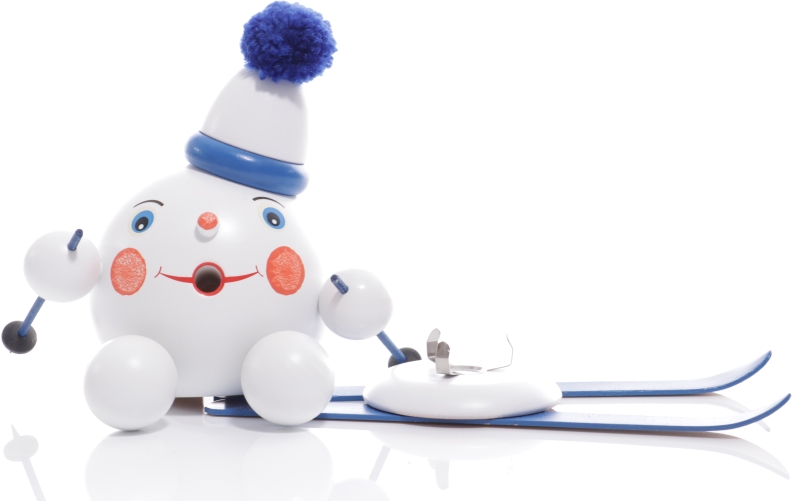 Räucherfigur - Räucherschneeball auf blauen Ski mit Mütze - Ansicht Offen