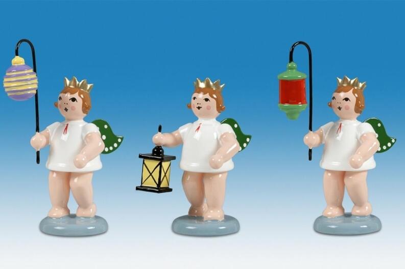 Holzfigur Engelfiguren mit Lampion 3-teilig und Krone Höhe 6cm
