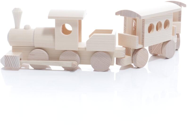 Holzspielzeug - Eisenbahn mit beweglicher Stangenantrieb und 2 Anhänger Natur - Ansicht Links -