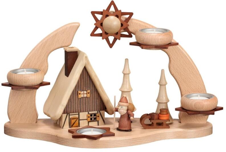 Adventsbogen - Räucherhaus mit Weihnachtsmann und Teelichtkerzen naturbelassen - HxLxB 32x35x16cm