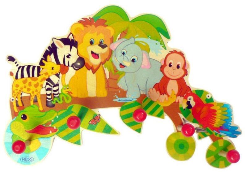 Garderobe – mit buntem Dschungeltier-Motiv und fünf robusten Haken aus Holz – BxHxT 37 x 26 x 6.5 cm