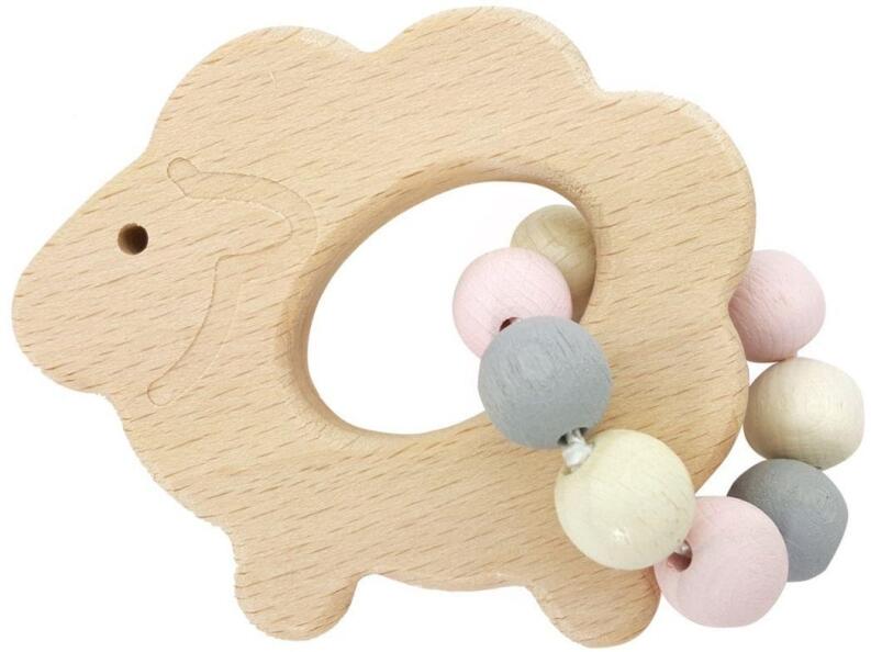 Babyspielzeug – niedliches Schaf mit bunten Holzperlen rosa-natur – BxHxT 8.5 x 10 x 5 cm