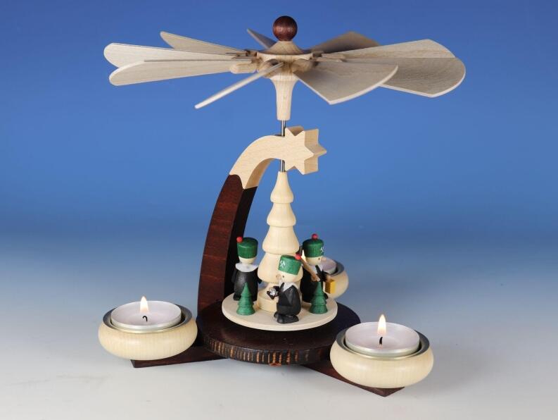 Teelichtpyramide – liebevolle Bergleute in dunkelbraun und natur, detailreich geschnitzt – für 3