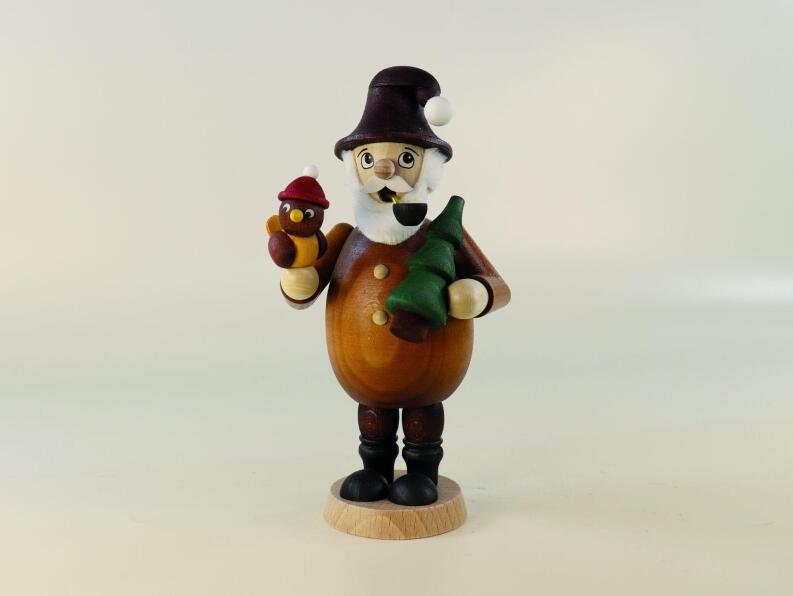 Räuchermann – detailreicher Wichtel mit Vogel, roter Mütze und Baum, naturfarben – BxHxT = 9 x 16,5 