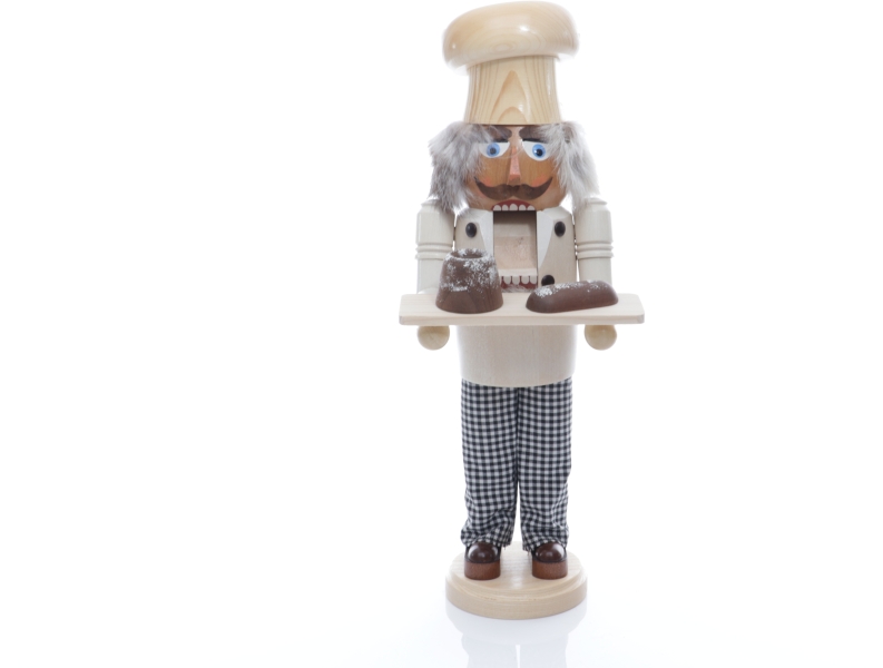 Weihnachtsfigur - Nußknacker Bäcker mit Bäckerhut und Kuchenbrett - Ansicht Geöffneten Mund