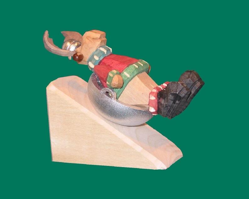 Elchfigur – handgeschnitzt, farbenfroh bemalt, in blauem Wok – BxHxT = 8 x 9 x 8 cm