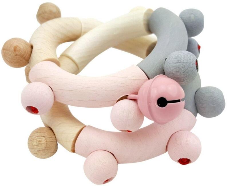 Babyspielzeug – zauberhafte Motorikrassel in 8-Form mit Glocke in rosé und natur – BxHxT 8 x 16,5 x 