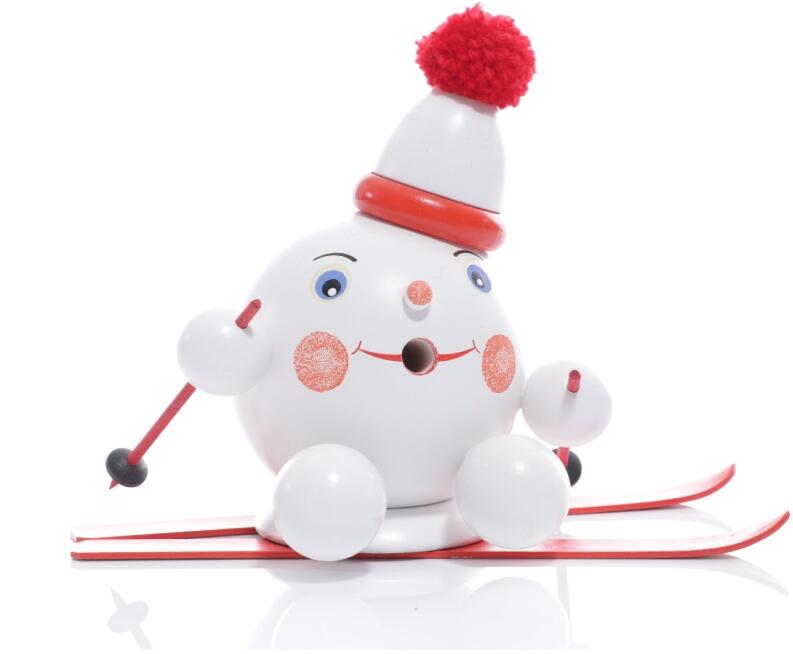 Räucherfigur - Räucherschneeball auf roten Ski mit Mütze - Ansicht Vorne - Hergestellt im