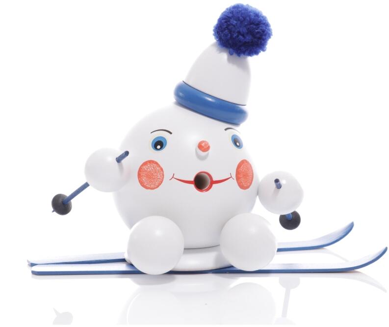 Räucherfigur - Räucherschneeball auf blauen Ski mit Mütze - Ansicht Vorne - Hergestellt im