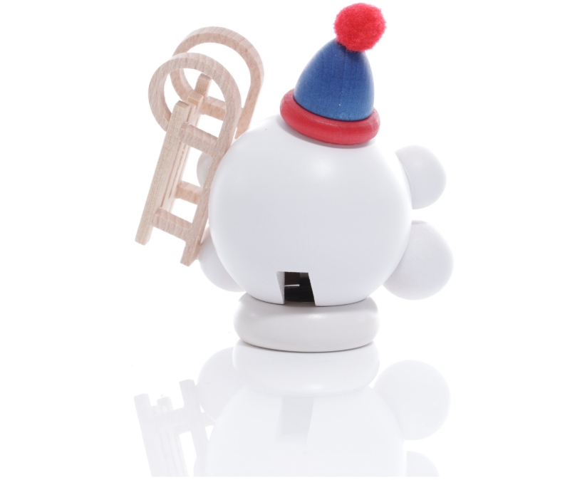 Räucherfigur - Räucherschneeball Weiß mit Schlitten und Bommelmütze - Ansicht Hinten - Räucherfigur