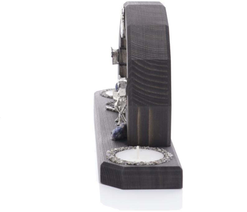 Schwibbogen Dunkel für Teelichter mit 3 Wismut Kumpel mit Hunt,Bohrhammer und Schaufel Bunt- Ansicht