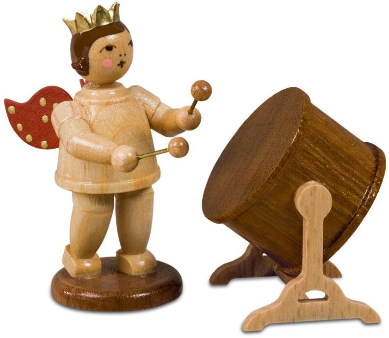 Holzfigur Engel mit Orchestertrommel und Krone Höhe 6,5cm