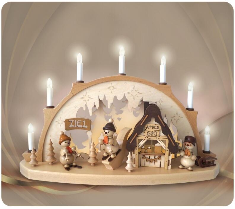 Schwibbogen - Schneemänner beim Apres Ski mit elektrischer Beleuchtung naturbelassen - BxHxT