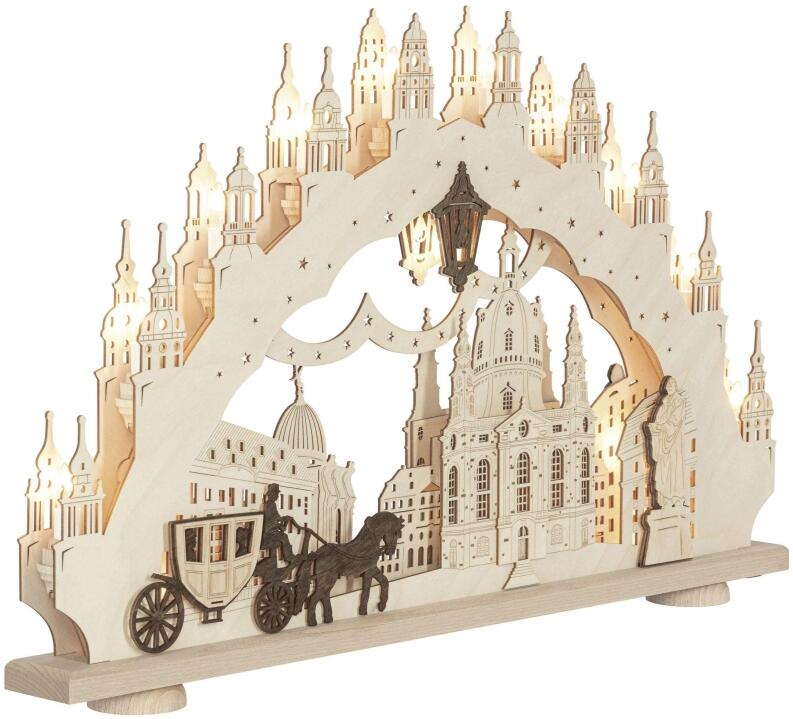 Lichterbogen 15 flg. Dresdner Frauenkirche aus Holz mit Kutsche und Stadtsilhouette von Weigla