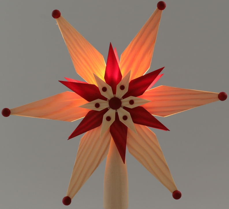 Baumschmuck Baumspitze mit großem Holzstern und kleinen Sternen, beleuchtet, rot natur, von Baum-