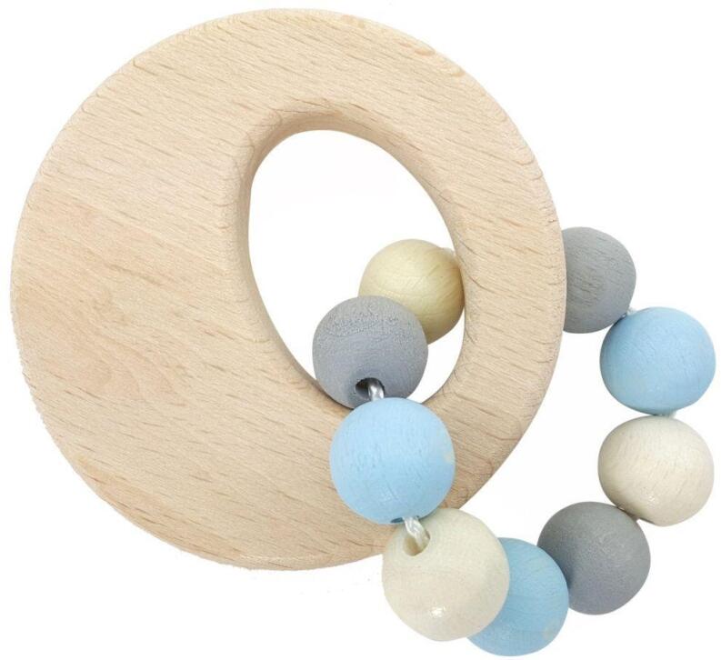 Babyspielzeug – farbenfrohe Greifrassel mit naturfarbenen und blauen Kugeln – BxHxT 7 x 10 x 5 cm