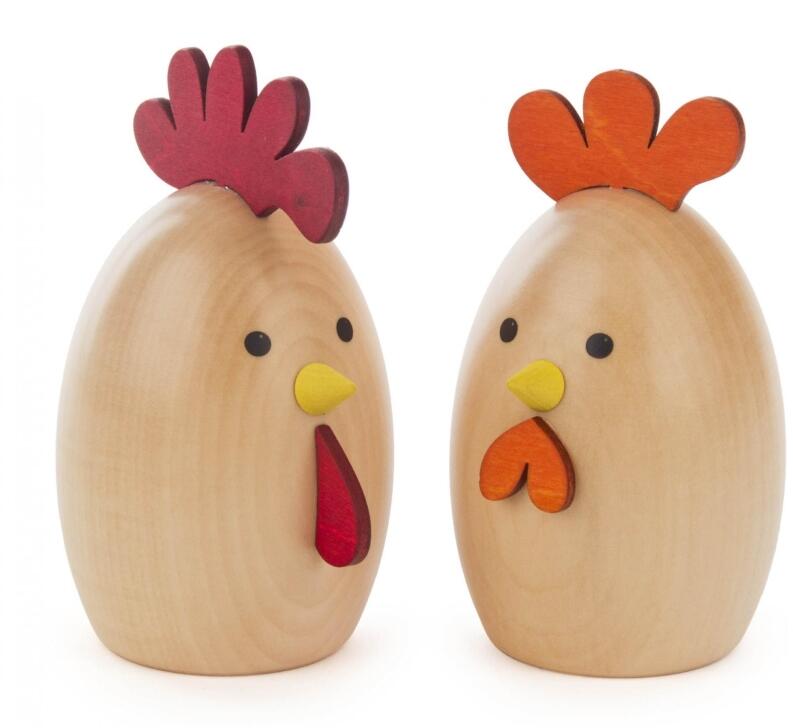 Dekorationsfiguren – detailreicher Hahn und Huhn, naturfarben, handgearbeitet – BxHxT = 6,5 x 12 x 7