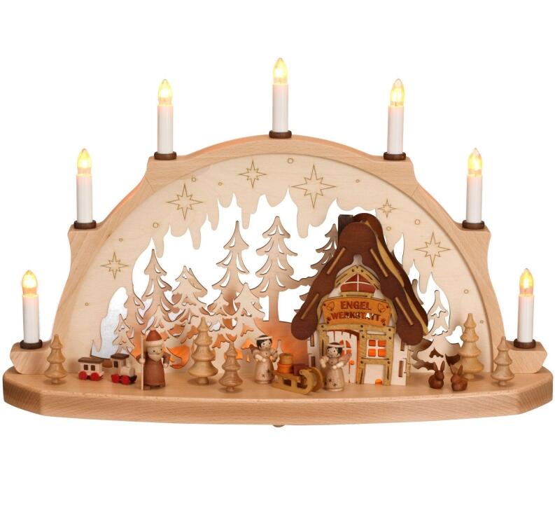 Schwibbogen - naturbelassene Engelswerkstatt mit elektrischer Beleuchtung - HxLxB 33x53x14cm